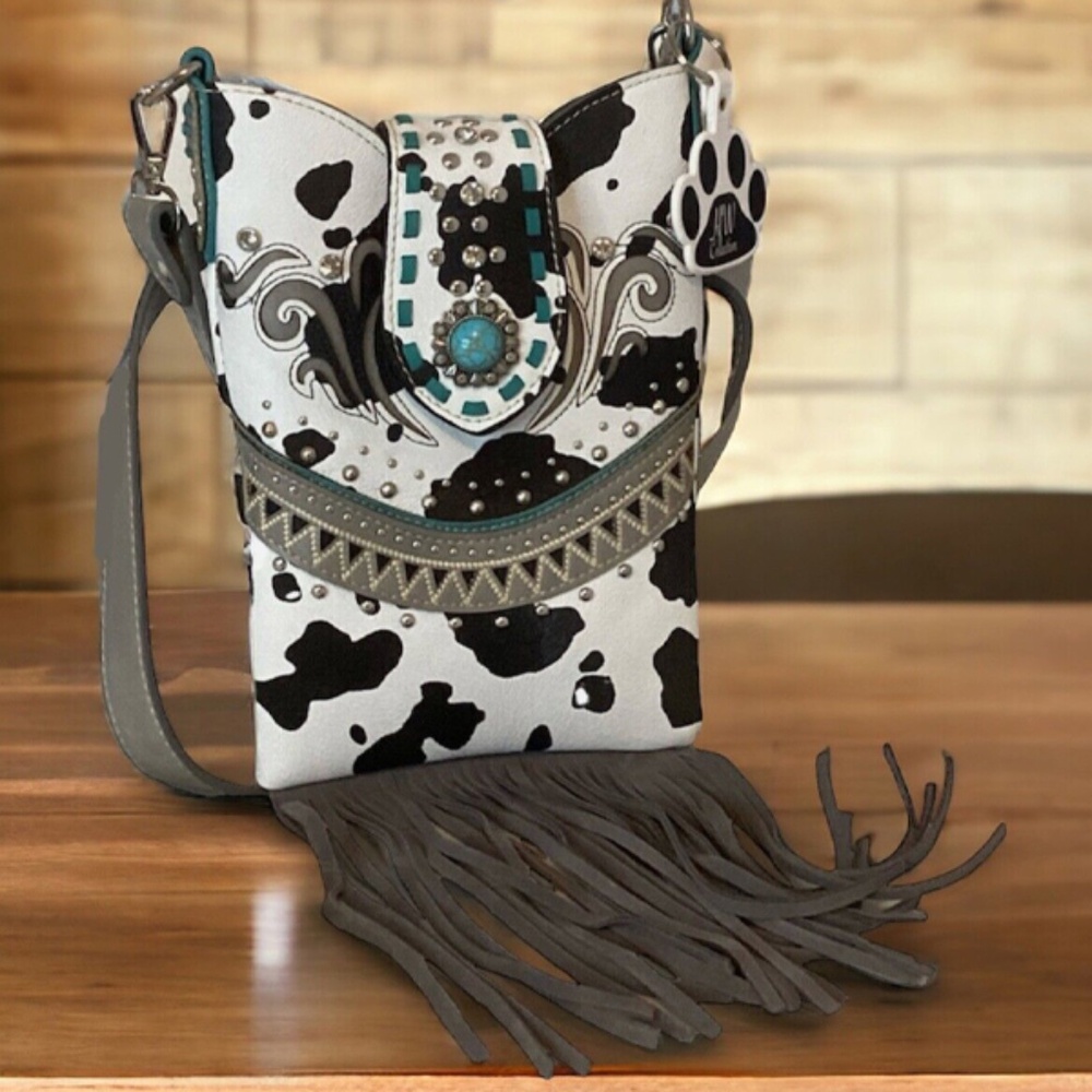 Womens Cow Print Purse Crossbody Bag Fringe Western Handbag Gift Cowgirl Small